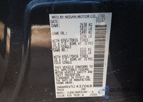 2012 Nissan Frontier Sv z USA, uszkodzony, nr VIN 1N6AD0EV7CC437068